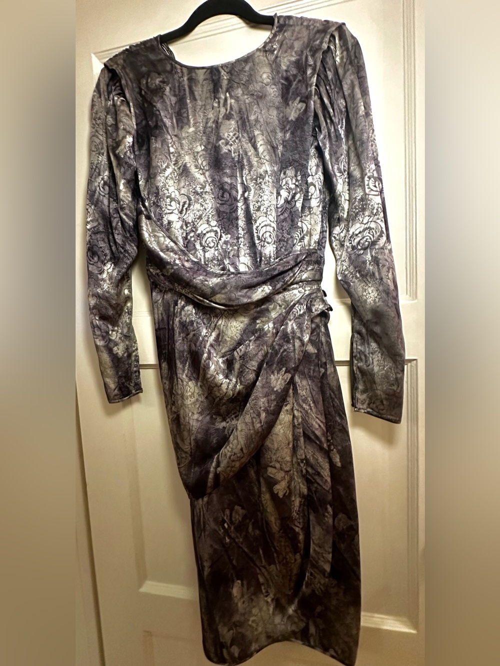Vintage Emanuel Ungaro Long-Sleeve Draped Floral Midi Dress - Gray